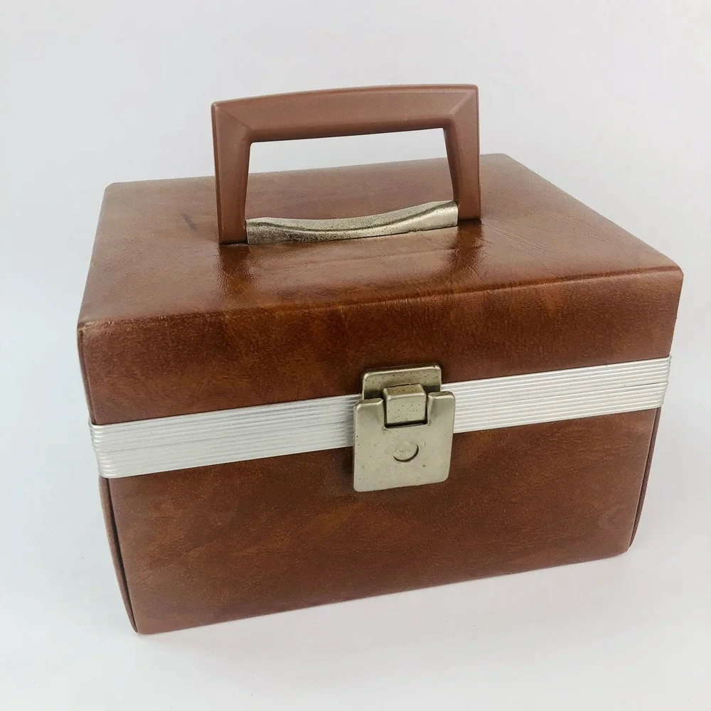 VTG Brown Faux Leather Travel Case Cosmetic Makeup Camera Carrier MCM 1960s